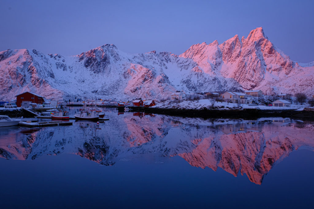 snowy mountains fjord fishing village Ballstad Norway