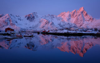 snowy mountains fjord fishing village Ballstad Norway