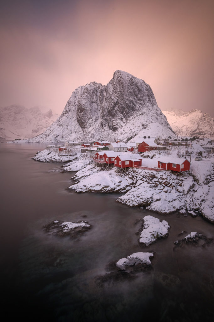 Fishing cabins mountain and ocean Hemnoy Norway
