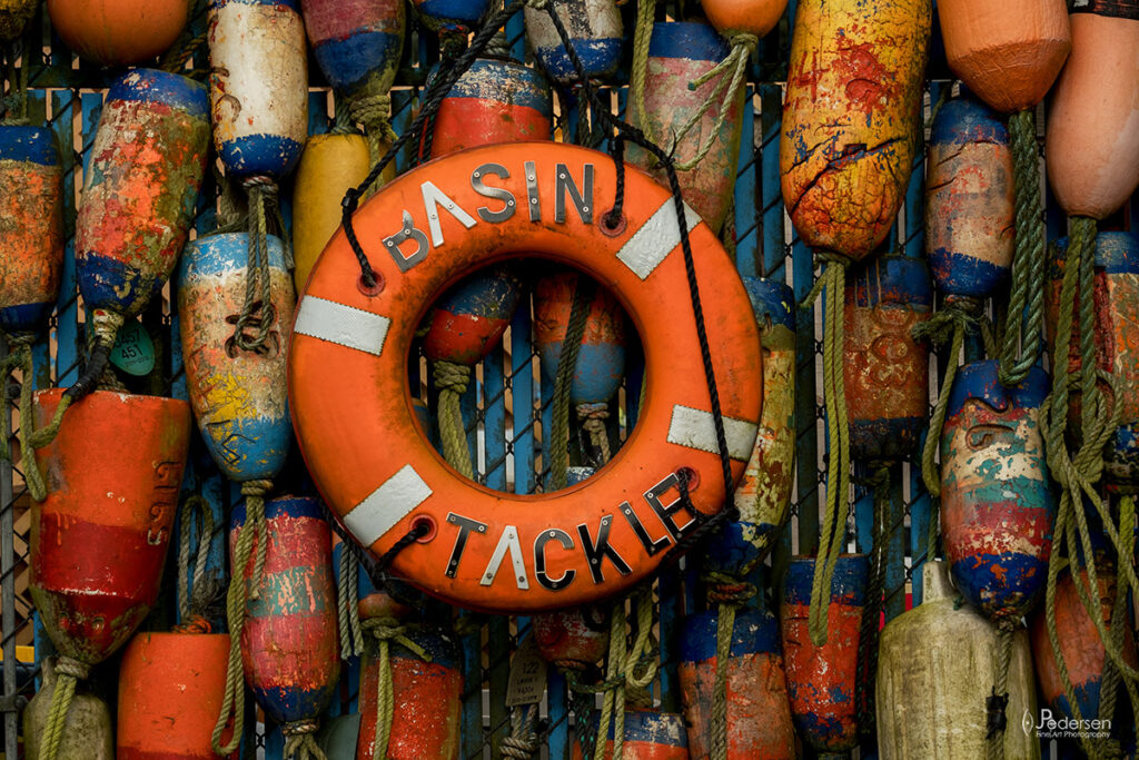 wall of fishing floats in Charleston harbor
