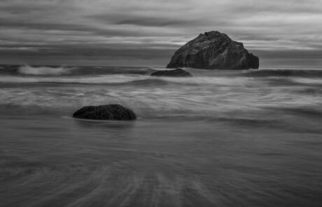 Monochrome image of Face Rock in Bandon Oregon